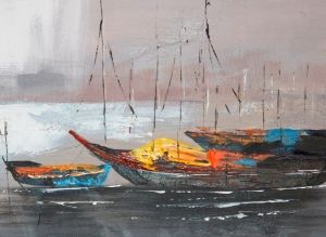 Картина масло "Пъстри лодки на самотен бряг"