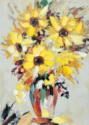 Картина с маслени бои Слънчогледи и полски цветя 